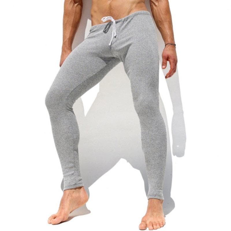 Autumn and Winter Men's Casual Elastic Rib Knit Pants Thin Long Johns Bottoms Pajama Pants S gray