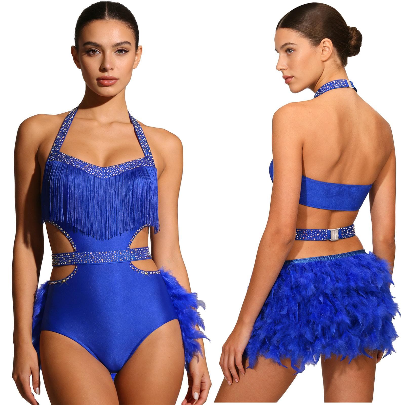 S-XXL Women's Latin Dance Competition Bodysuit: Glittery Rhinestone & Faux Feather Leotard, Halter Backless for Stage M