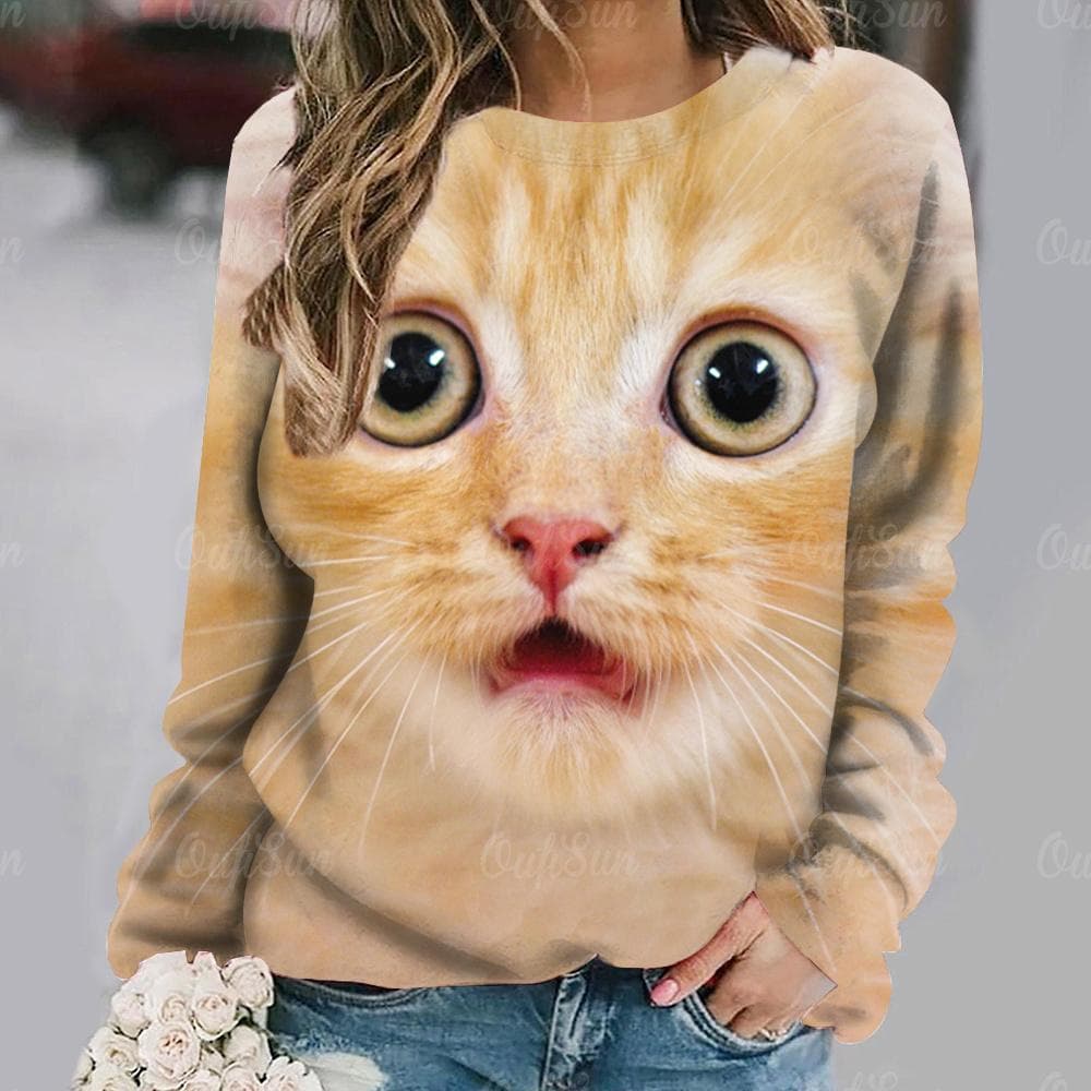 Women Long Sleeve T Shirt Kawaii Cat Graphic 3d Print Tees Harajuku Casual Tops Autumn O Neck Pullover Female Loose Clothing M