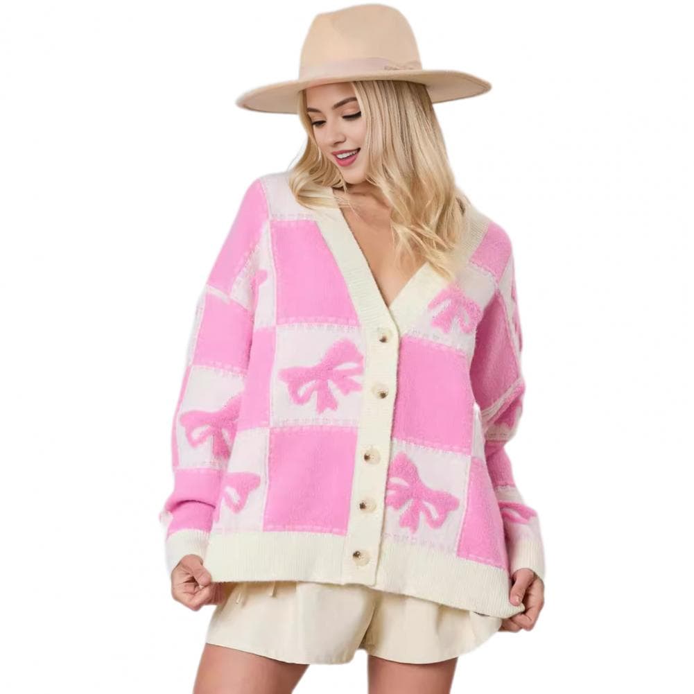 Versatile Style Cardigan Stylish Women's V-neck Sweater Coat with Plaid Print Bowknot Detail Long Sleeve Color Block for Women S hot pink
