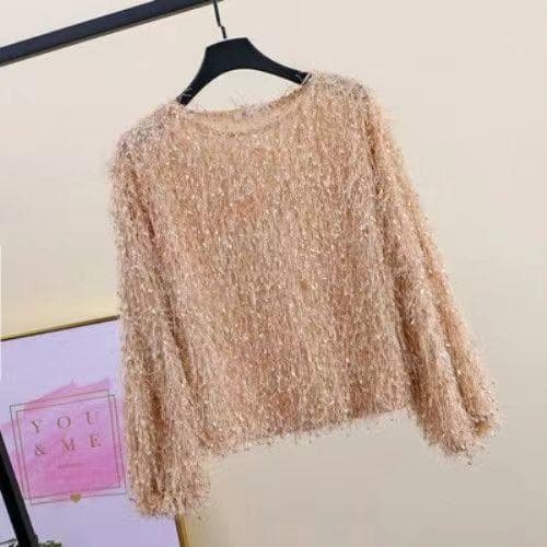 Pullover Fringe Top Autumn and Winter Loose Round Neck Bright Silk Long-sleeved T-shirt Bottoming Shirt One Size