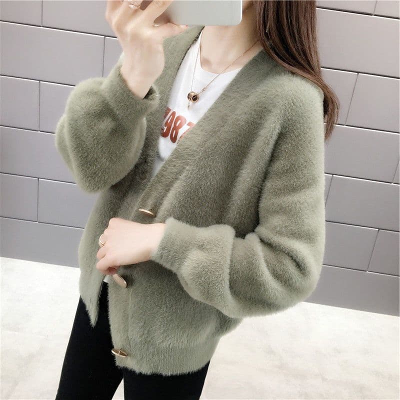 Imitation Mink Fur Short Jacket Women's Winter Collar Loose and Thick Knitted Cardigan 3XL army green