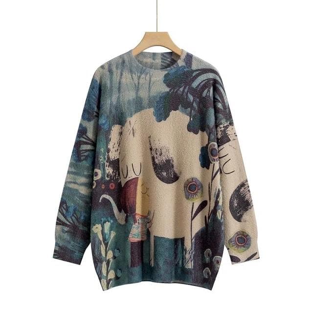 Harajuku Retro Women Fall Winter Fashion Clothes Vintage Floral Print Round Neck Long-sleeve Knit Sweaters Lady Loose Pullovers XXL