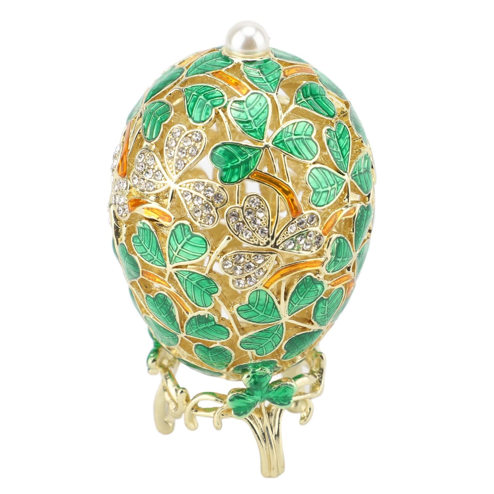 Egg Style Enamel Trinket Box Clover Pattern Metal Alloy Rhinestone Decoration Vintage Jewelry Box