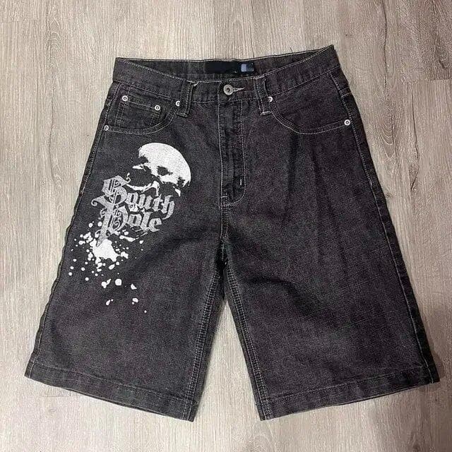 Unisex Y2K Jeans Men Women Hip Hop Cartoon Graphics Streetwear Retro Patchwork Denim Short Retro Loose Denim Casual Shorts L