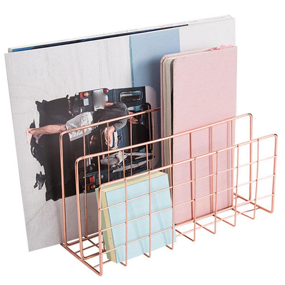Letter Holder Iron Metal Three Grid Bookcase Holder Multifunctional File Sorter Organizer rose gold