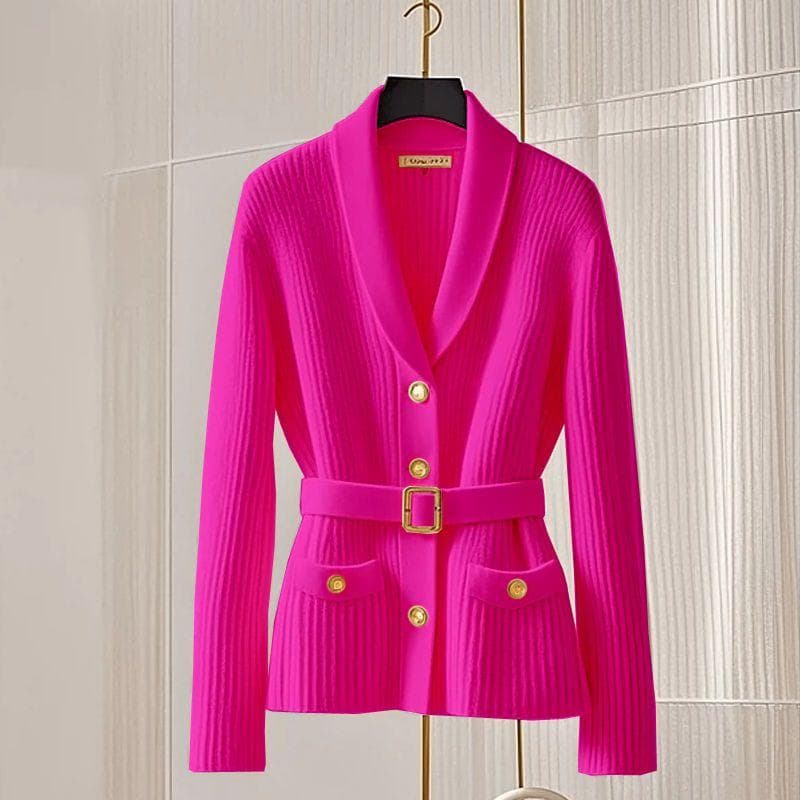 Fashion Women V-Neck Cardigan Sweaters Jacket Women's Autumn New Elegant Casual Coat Female Long Slim Knitted Ladies M rose red