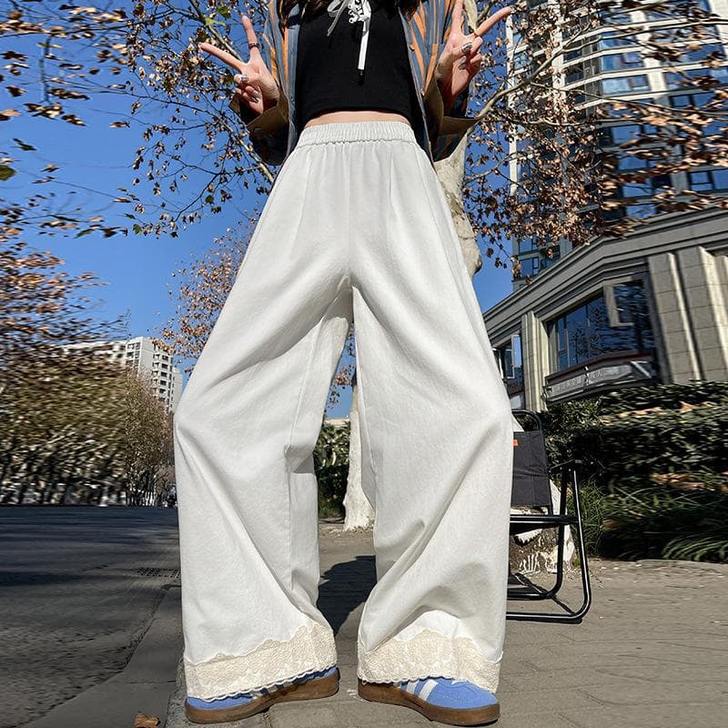 All-match Lace Wide-leg Pants for Women In Spring New Style Forest Sweet Droop Soft and Glutinous Casual Pants Small 2XL