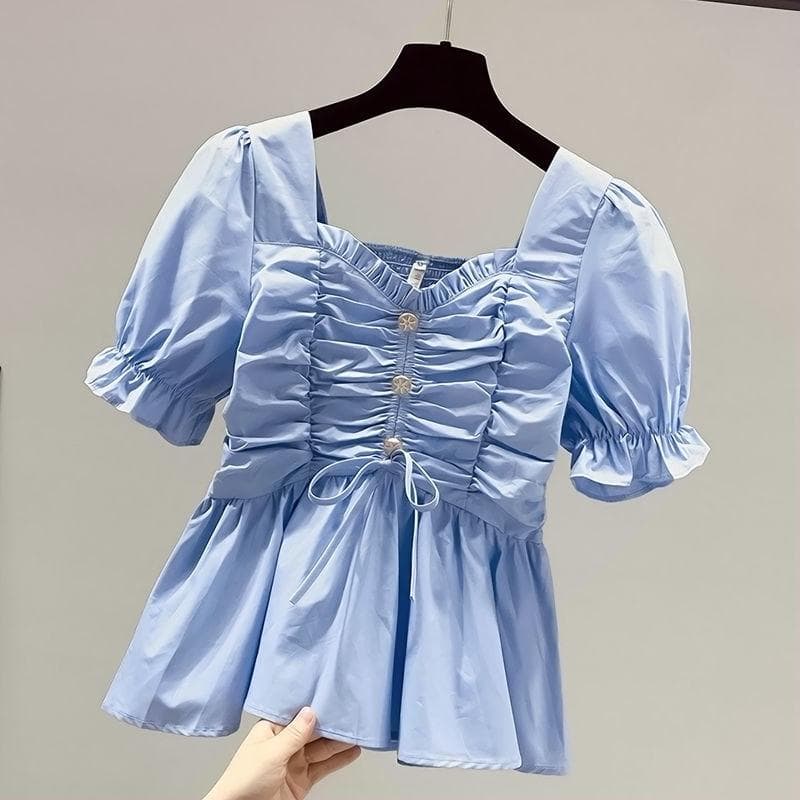 Short Sleeve Chiffon White Shirt Pleat Design Women Blouse Slim Thin Draw Back Short Sleeve Top Sweet Simple Casual Office Lady XL blue