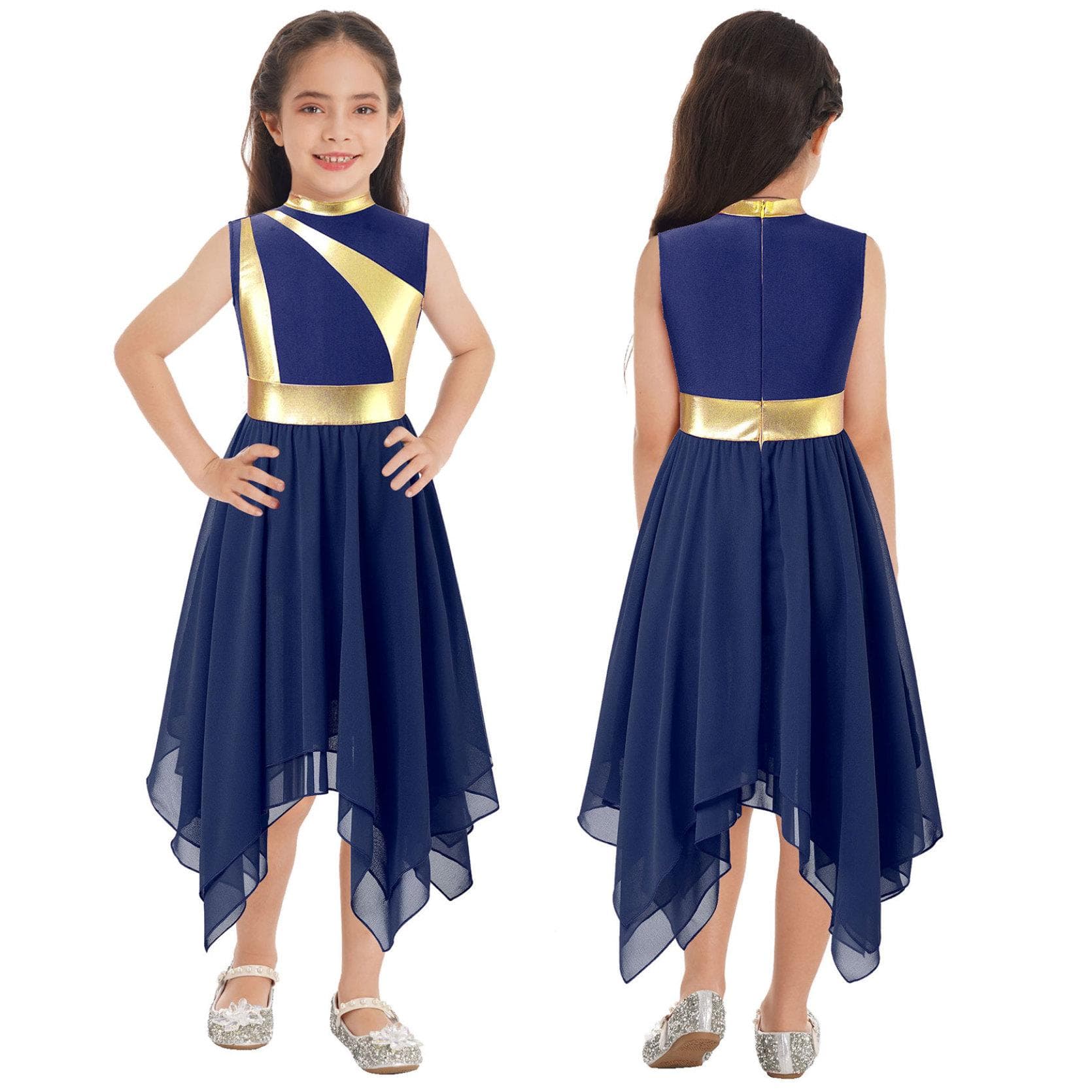 Kids Girls Praise Dancing Dress Metallic Patchwork Sleeveless Asymmetrical Hem Dress Modern Lyrical Dance Costume 5-6 Years navy blue