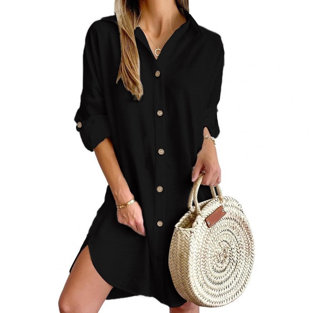 Shirt Type Dress Long Sleeves Turn-down Collar Single-breasted Loose Solid Color Irregular Hem Dall Spring Office Daily Mini Dre M black