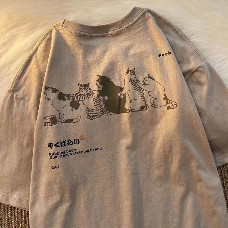 Summer Small Fresh Short Sleeved T Shirt Men and Women Couple Tide Brand Retro Cartoon Cat Printing Half Sleeve T Shirt XXL apricot