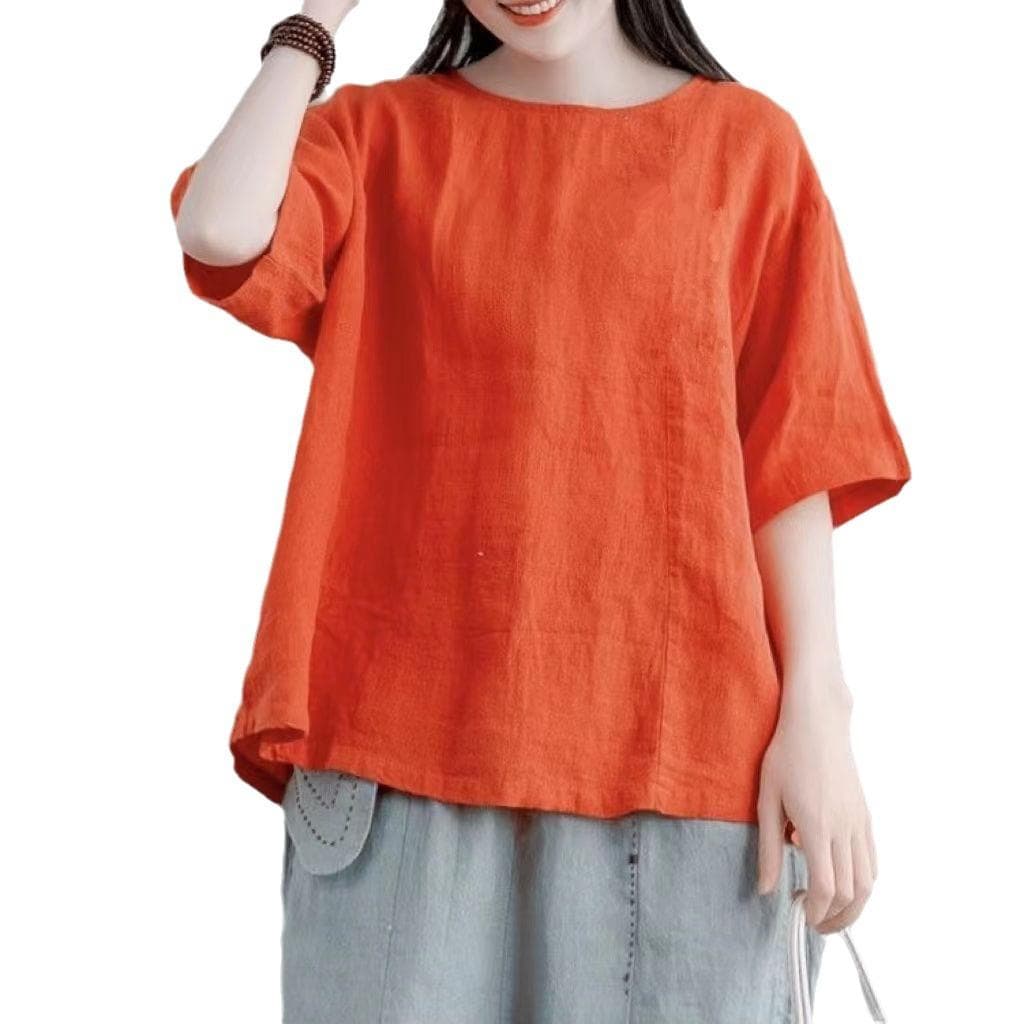 Literary Cotton and Linen Casual Women's Summer New Large Size Mother Loose Simple Short-sleeved Retro Top T-shirt 4XL