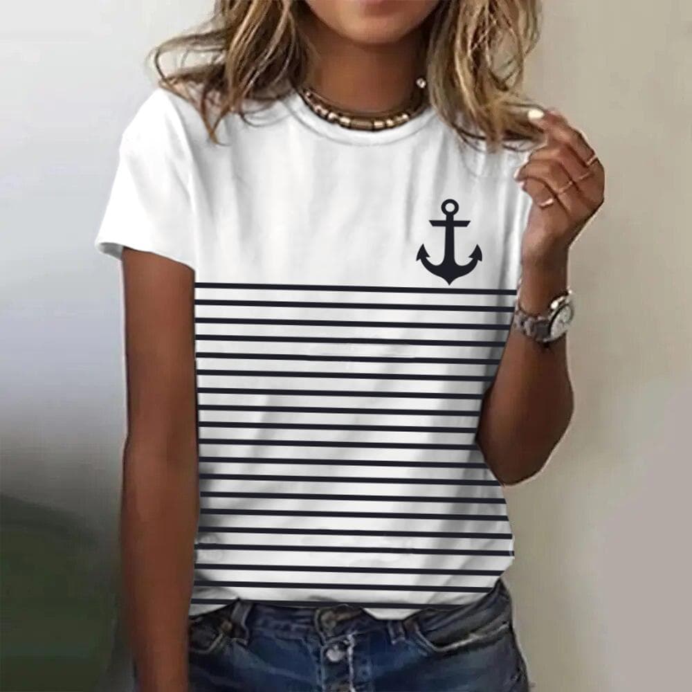 Summer Women T Shirt 3d Print Boat Anchor Print Fashion O Neck Short Sleeve Tees Tops Pullover Women's Casual Loose T-Shirt Y2k Clothing L