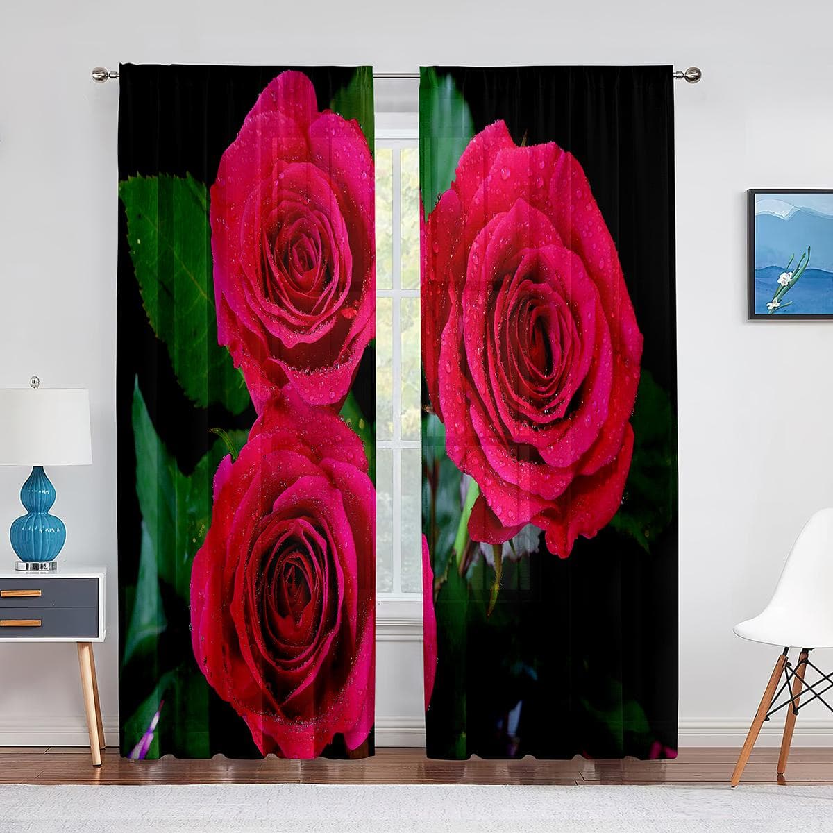 Blooming Red Rose Black Background Sheer Curtains for Living Room Bedroom Kitchen Chiffon Tulle Curtains Home Hotel Coffee Decor 1 PCS W100XH250cm&Grommet Top