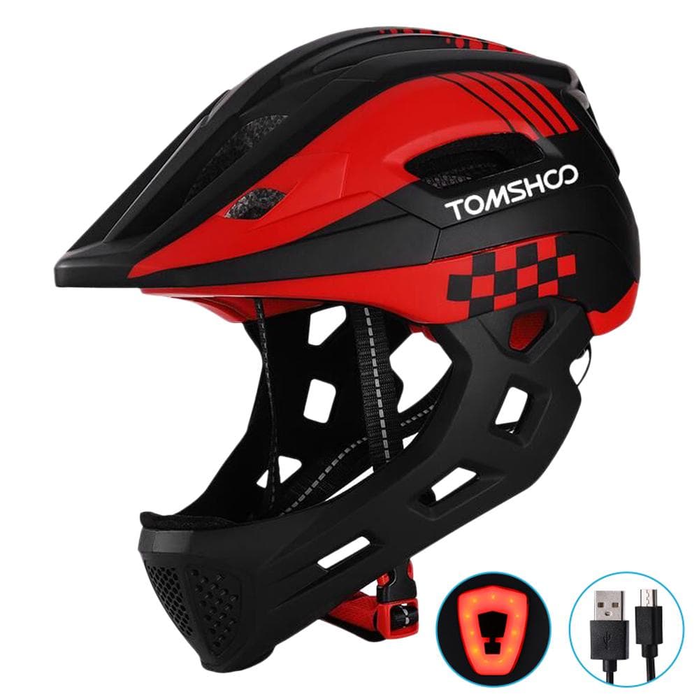 TOMSHOO Kid Bike Full Face Helmet Children Safety Riding Skateboard Rollerblading Helmet Sports Head Guard with Taillight and Detachable Chin Red & black,