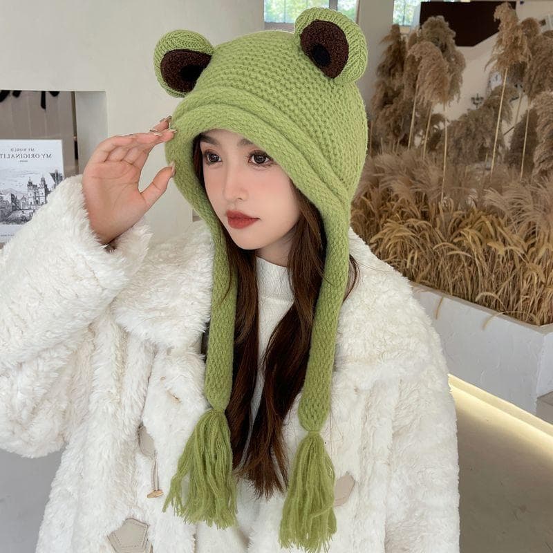 Frog Hat, Women's Knitted Hat Winter Warmth Tassel Winter Ear Protection Toe Cap Green Woolen Hat one size green