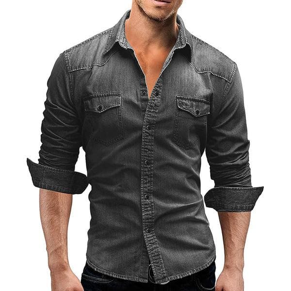 Men's Distressed Denim Shirt Casual Washed Slim Fit Cowboy Shirt L grey