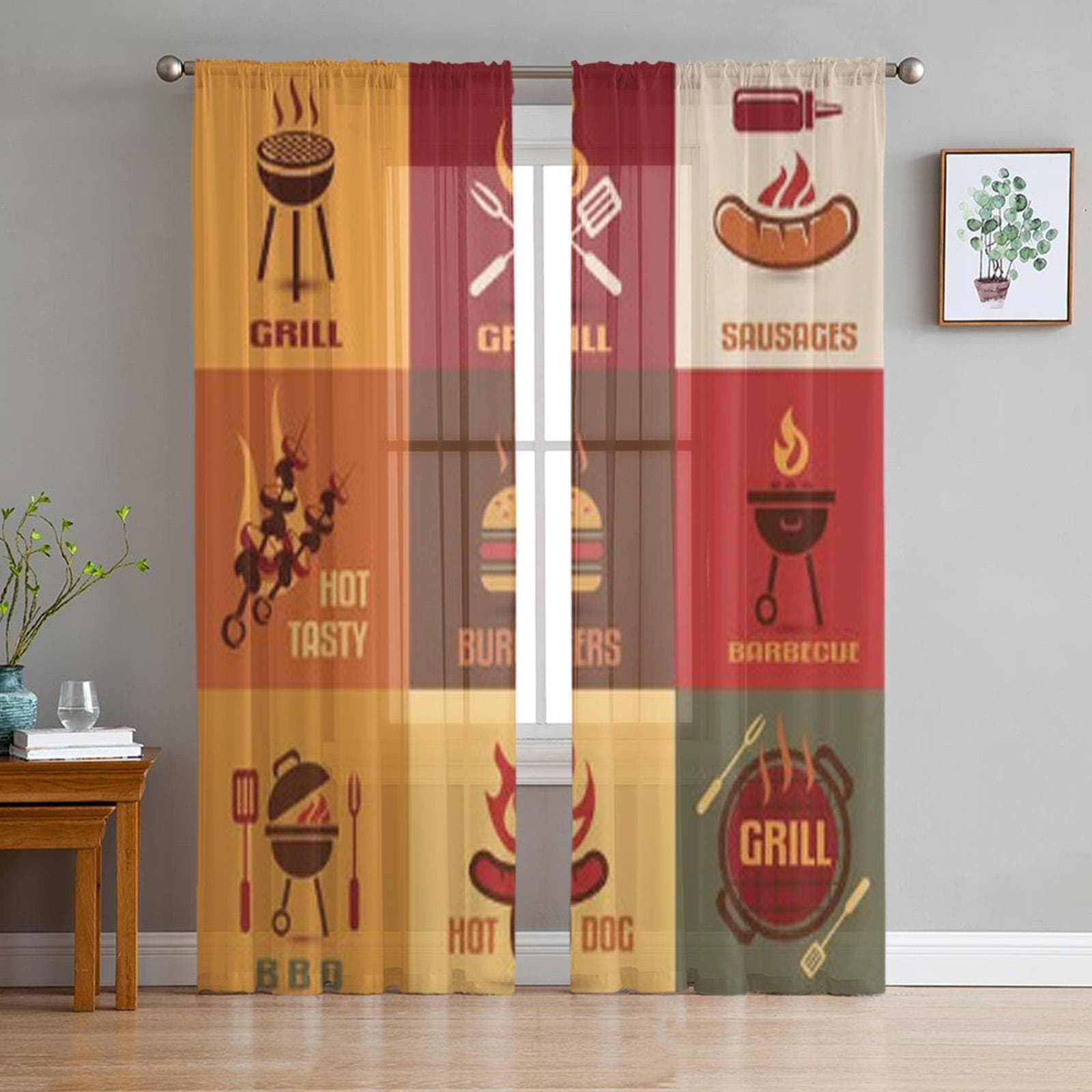 Barbecue Icons Fast Food BBQ Vintage Emblems Tulle Sheer Curtains for Living Room Kitchen Decoration Voile Organza Curtains 135W x 114H(cm)