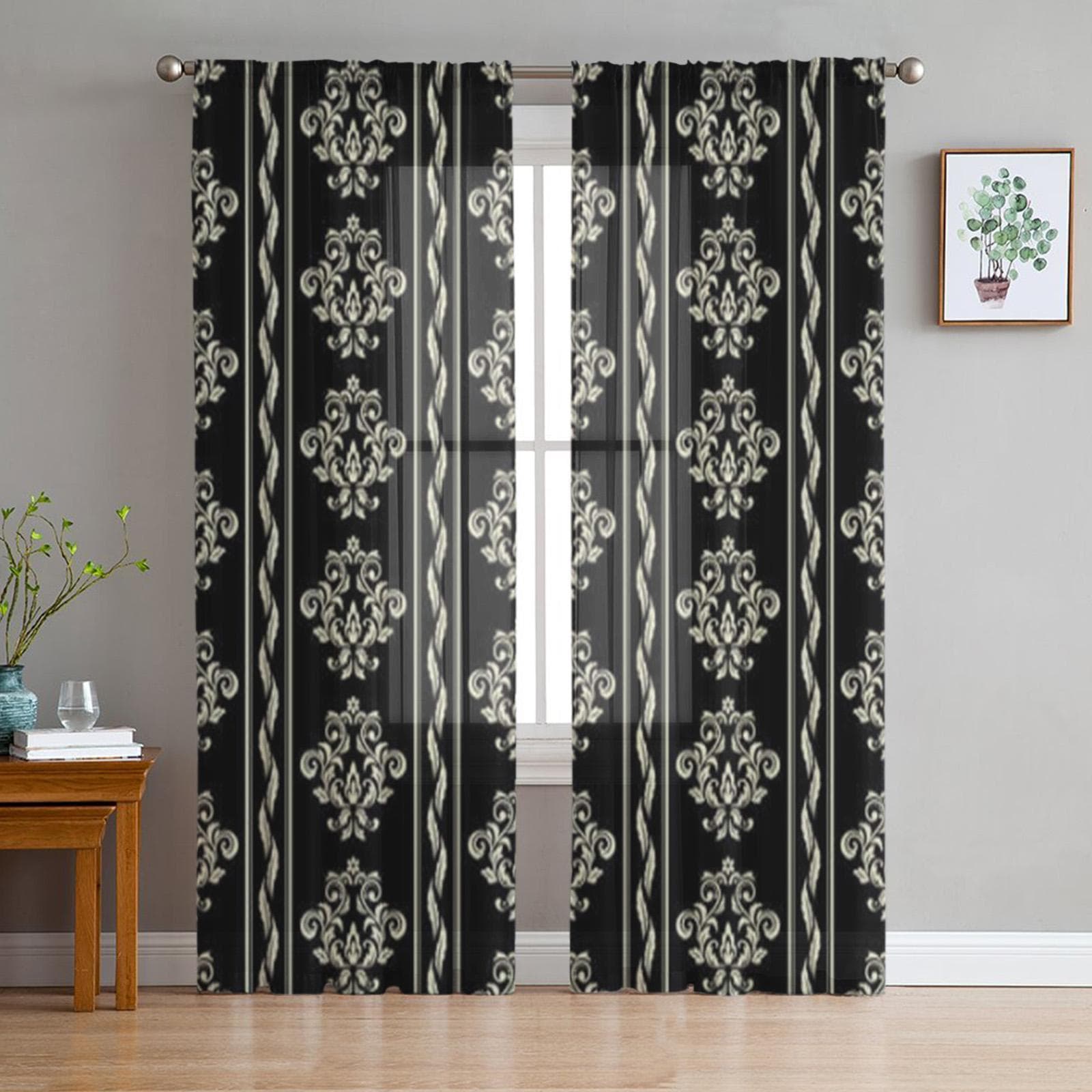 Floral Black Sheer Curtains for Living Room Transparent Tulle Window Treatments Bedroom Kitchen Home Decor Veil Drapes 135W x 114H(cm)