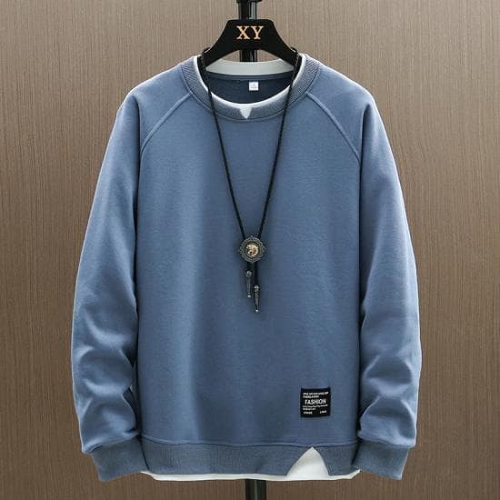 2024 New Mens Casual Sweatshirts Harajuku Solid Color Fashion Fake Two Pieces O-Neck Sweatshirt Hoodies Hip Hop Male Streetwear M blue
