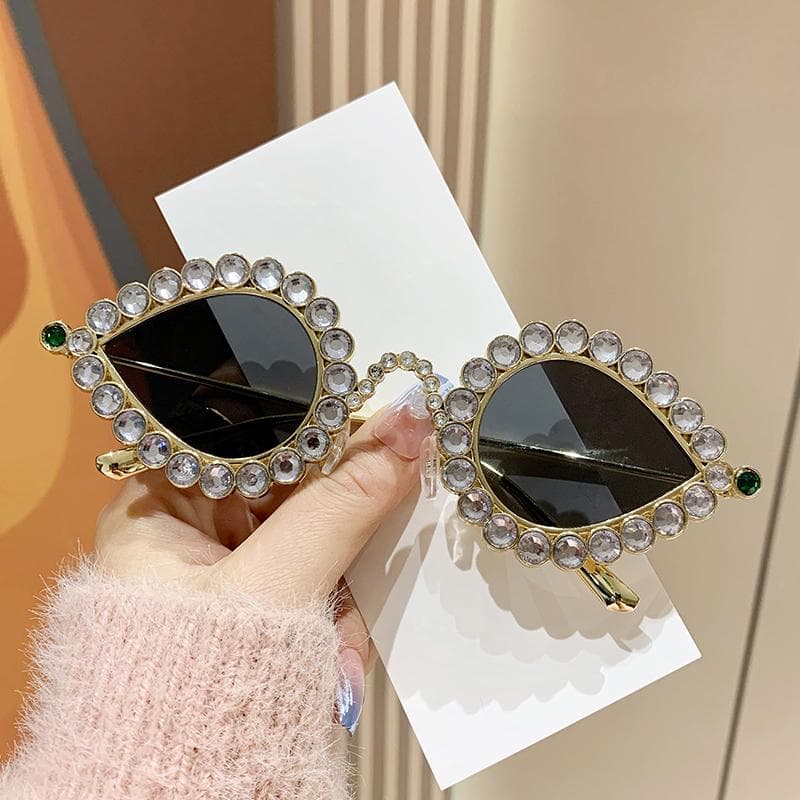 Diamond Studded Small Frame Cat Eye Y2k Sunglasses Luxury Ball Metal Retro Peacock Glasses 81064