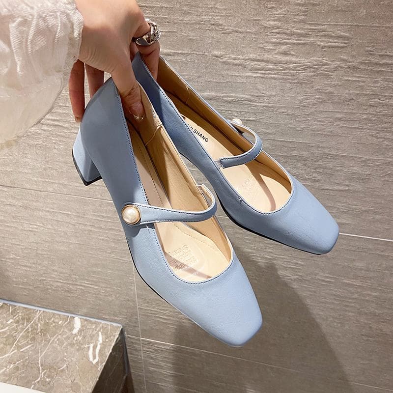 2024 New Patent Leather Square Toe Mary Jane Shoes Temperament Shallow Mouth Thick Heel Shoes Spring High Heels Pumps Women's 39 sky blue