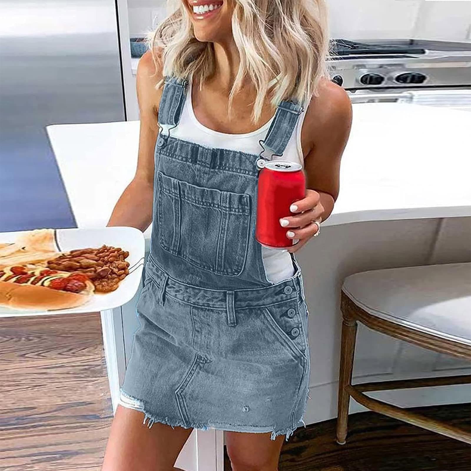 Women's Summer Sexy Sleeveless Sling Denim Workwear Suspender Skirt XXL blue