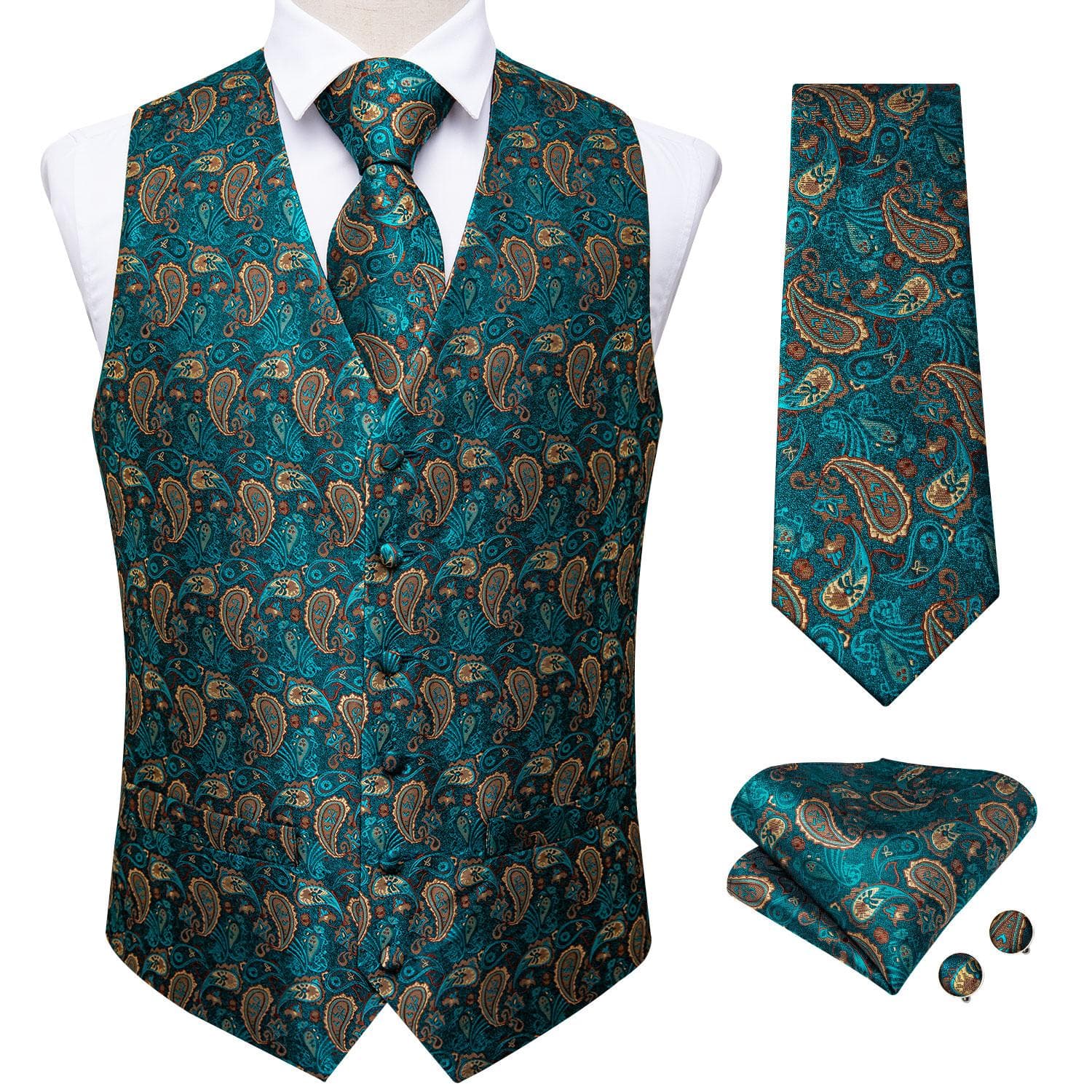 Dibangu Mens Yellow Paisley Vest Suit Waistcoat Hanky Cufflinks Tie Set Wedding S
