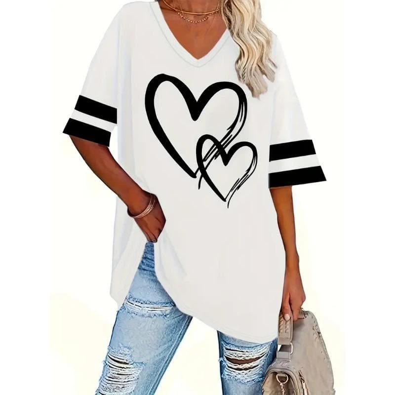 Plus Size Heart Print T-Shirt Casual Crew Neck Short Sleeve T-Shirt Women's Plus Size Clothing 8XL