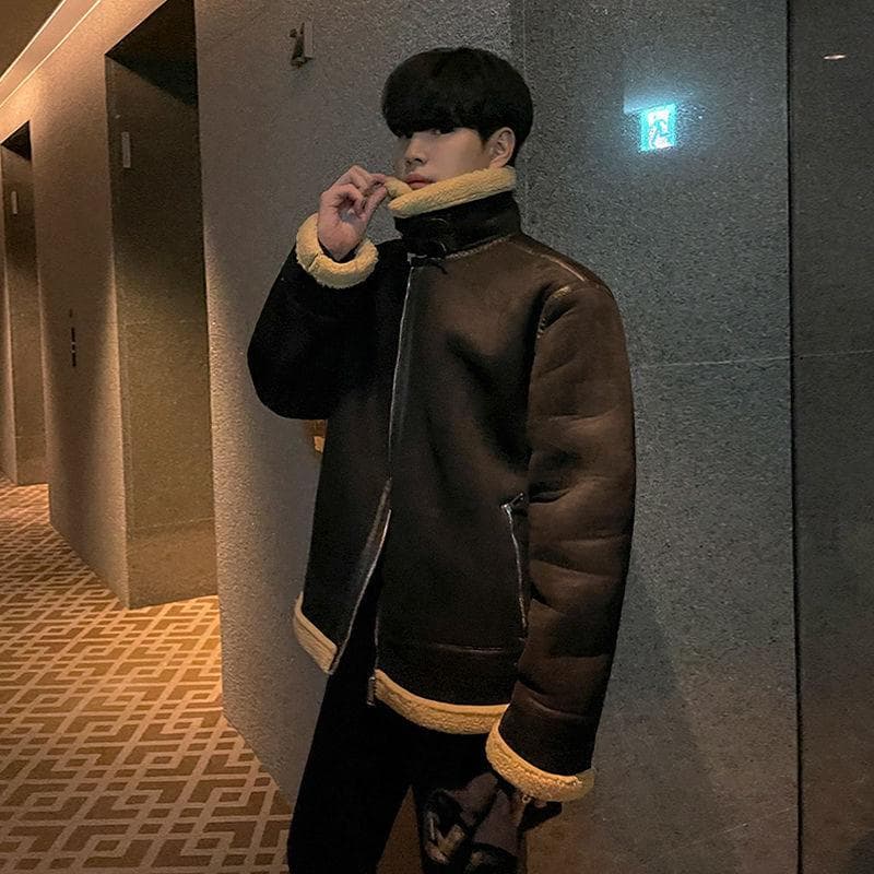 Lamb Wool Cotton Coat Men's Winter Korean Style Loose Fur One-piece Stand-up Collar Suede Thickened Cotton Coat 2XL black