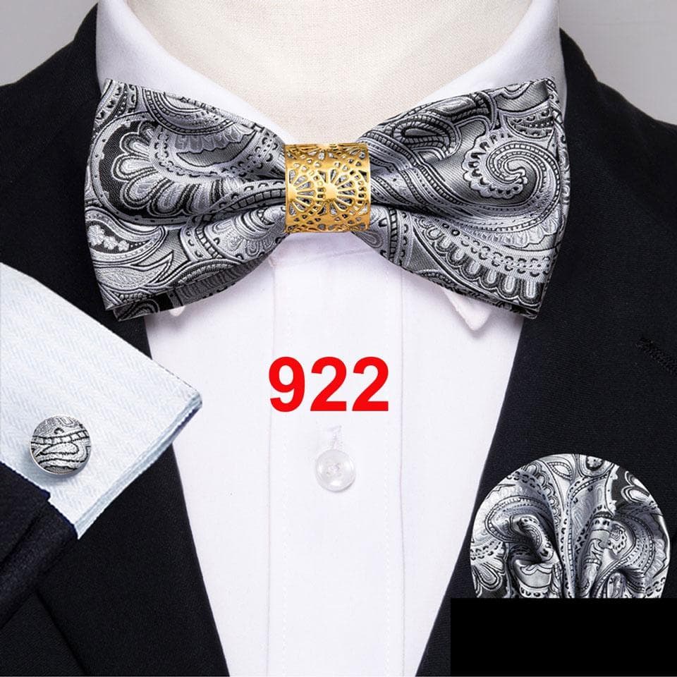 Barry.Wang Bowtie for Men Paisley Plaids Silk Pretied Bowtie Hanky Cufflinks Set LH-0922