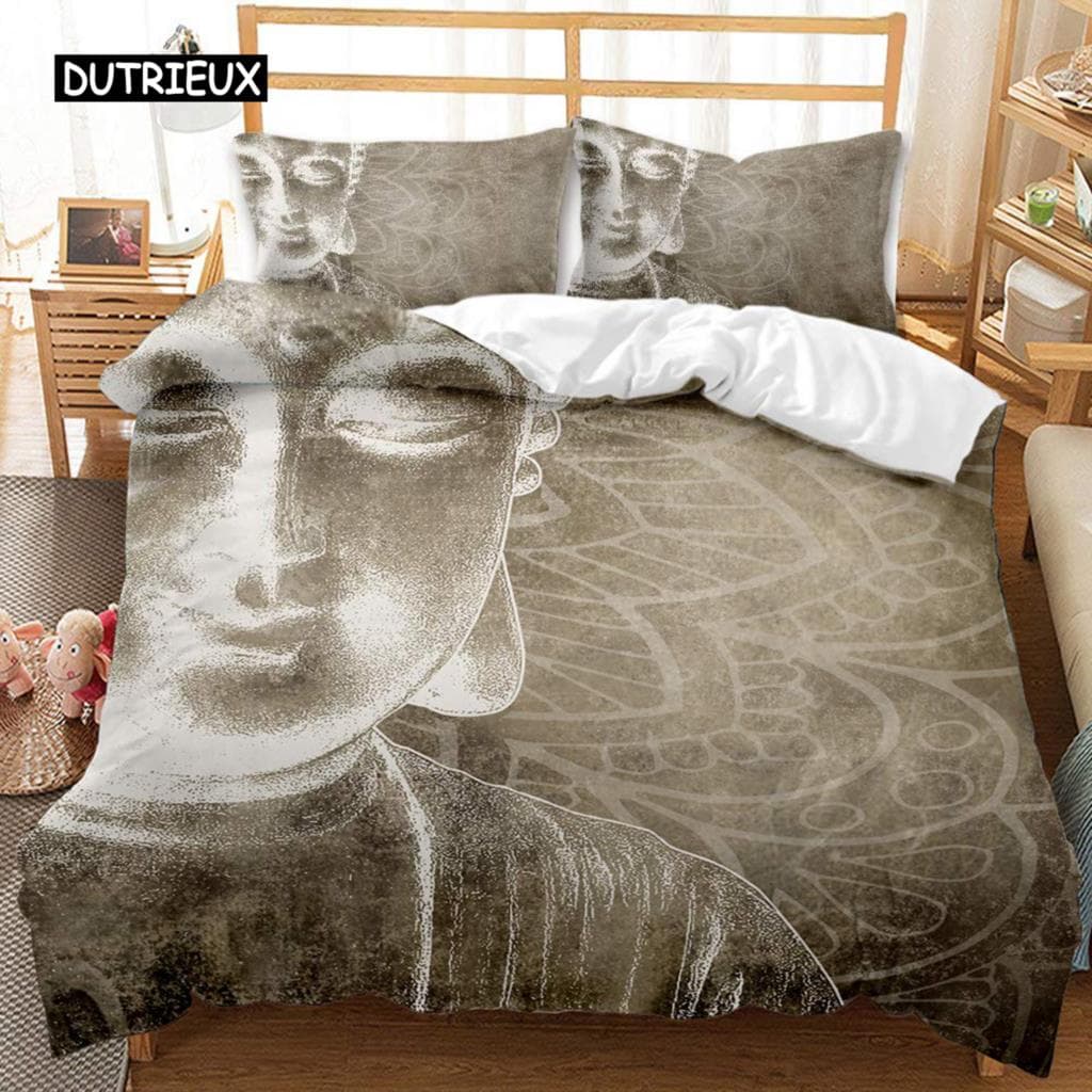 Buddha Duvet Cover Set King Size Golden Mandala Asian Culture Theme Bedding Set Microfiber Exotic Retro Style Comforter Cover EU Double(200x200cm)
