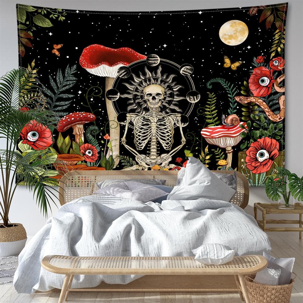 Moon Phase Skeleton Mushroom Tapestry Wall Hanging Bohemian Art Hippie Tapitz Living Room Bedroom Home Decor 95x73CM