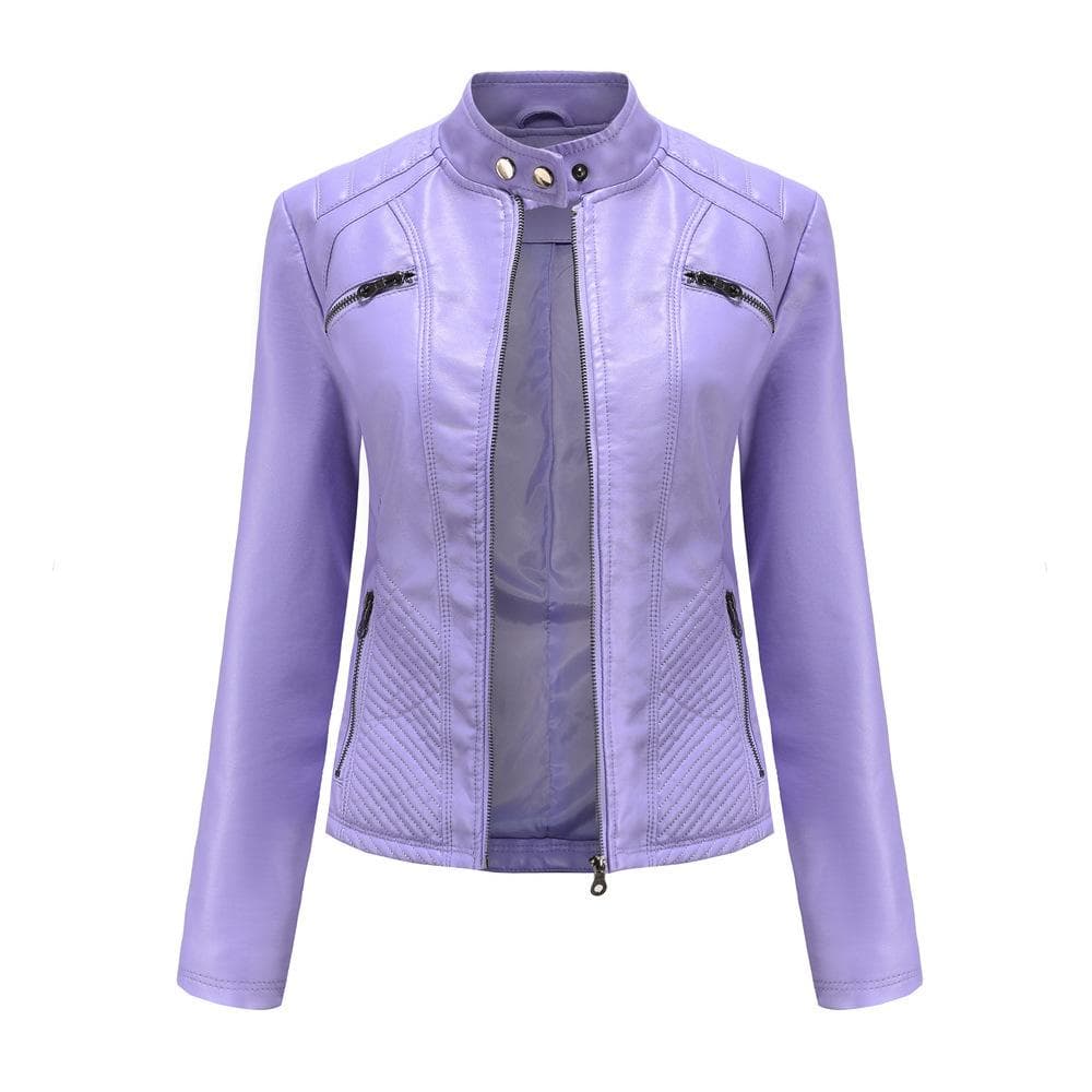 Spring And Autumn Women's Casual Leather Coat Stand Neck Jacket Slim Fit Coat Solid Women's Leather Jacket L lavender