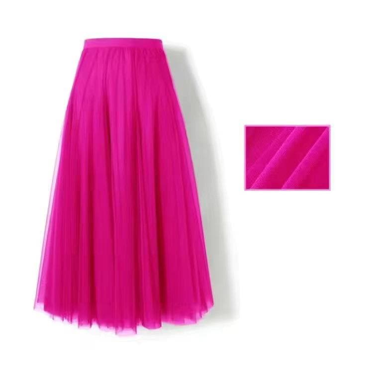 New Women Mesh Elastic Tutu Skirt Beach Spring Summer Korean High Waist Fashion Pleated Long Skirt Black White Tulle Skirts 75cm rose red