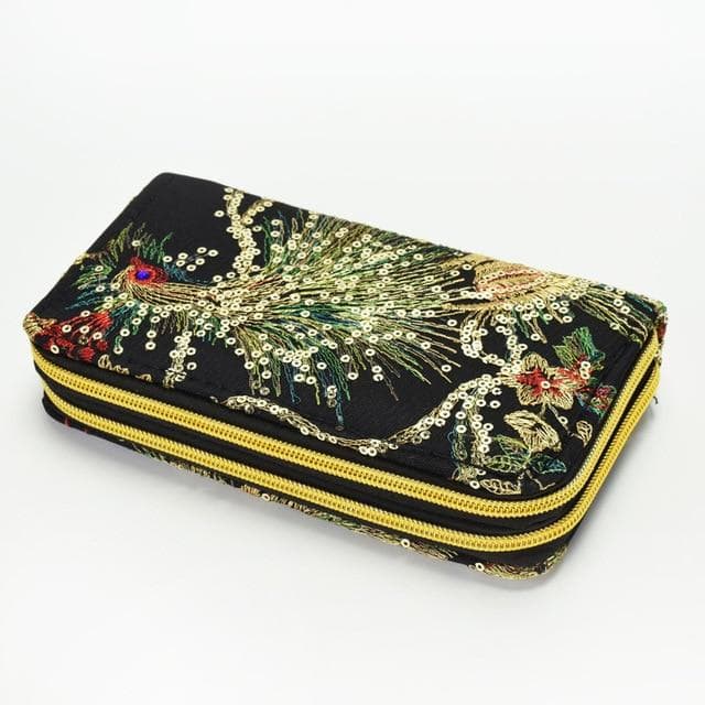 Women Wallet Long Zipper Coin Purse Designers Luxury Handmade Embroidery Peacock Retro Clutch Wallet Female for Teenager Girl black