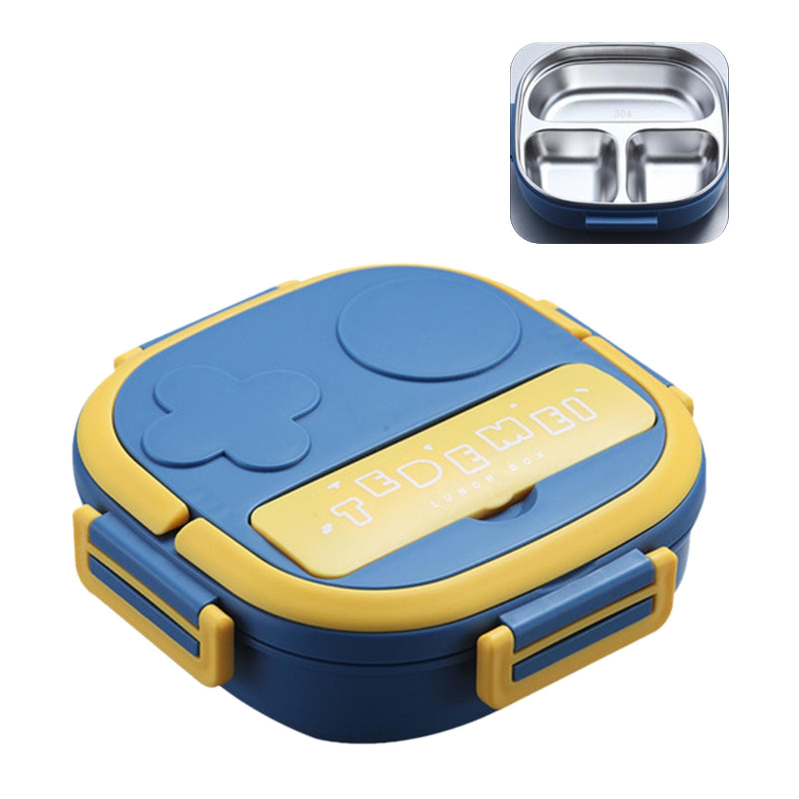 Lunch Box With Fork Compartment Reusable Leakproof Stainless Steel Bento Box for Adults Kids School Office Three Grids blue