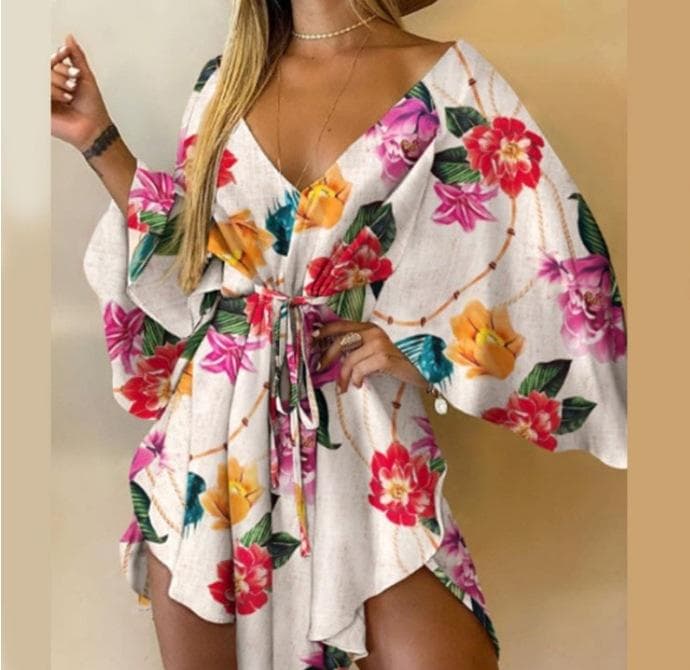 Summer Women's Sexy V-Neck Irregular Bat Sleeve Tie Dress 2XL