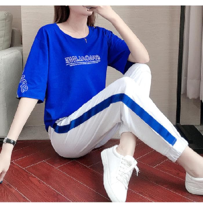 Sports Suit for Women In Summer New Loose Short-sleeved Fashionable Blue Casual Running Two-piece Set XXXL blue