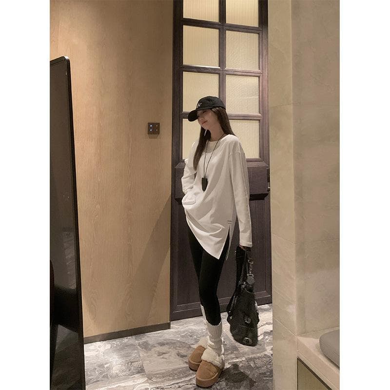 Fashionable Small Shirt Autumn New Women's Clothing Korean Version Solid Color Slit Long-sleeved T-shirt Women's Top Base Shirt 2XL white