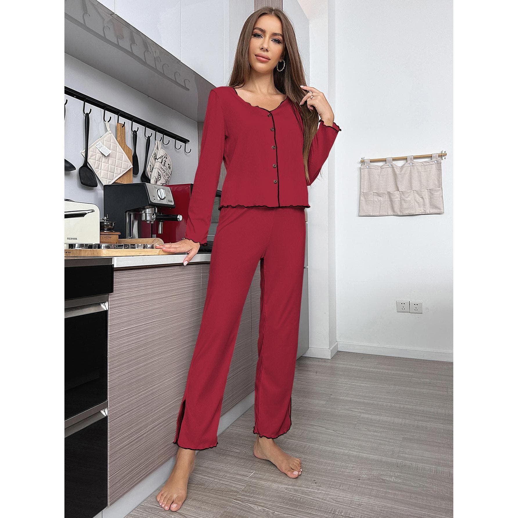 Front Button Lettuce Women's Pajamas Set Long Sleeve V Neck Top & Side Split Solid Pants 2 Pieces Sleepwear Female Nightwear XL