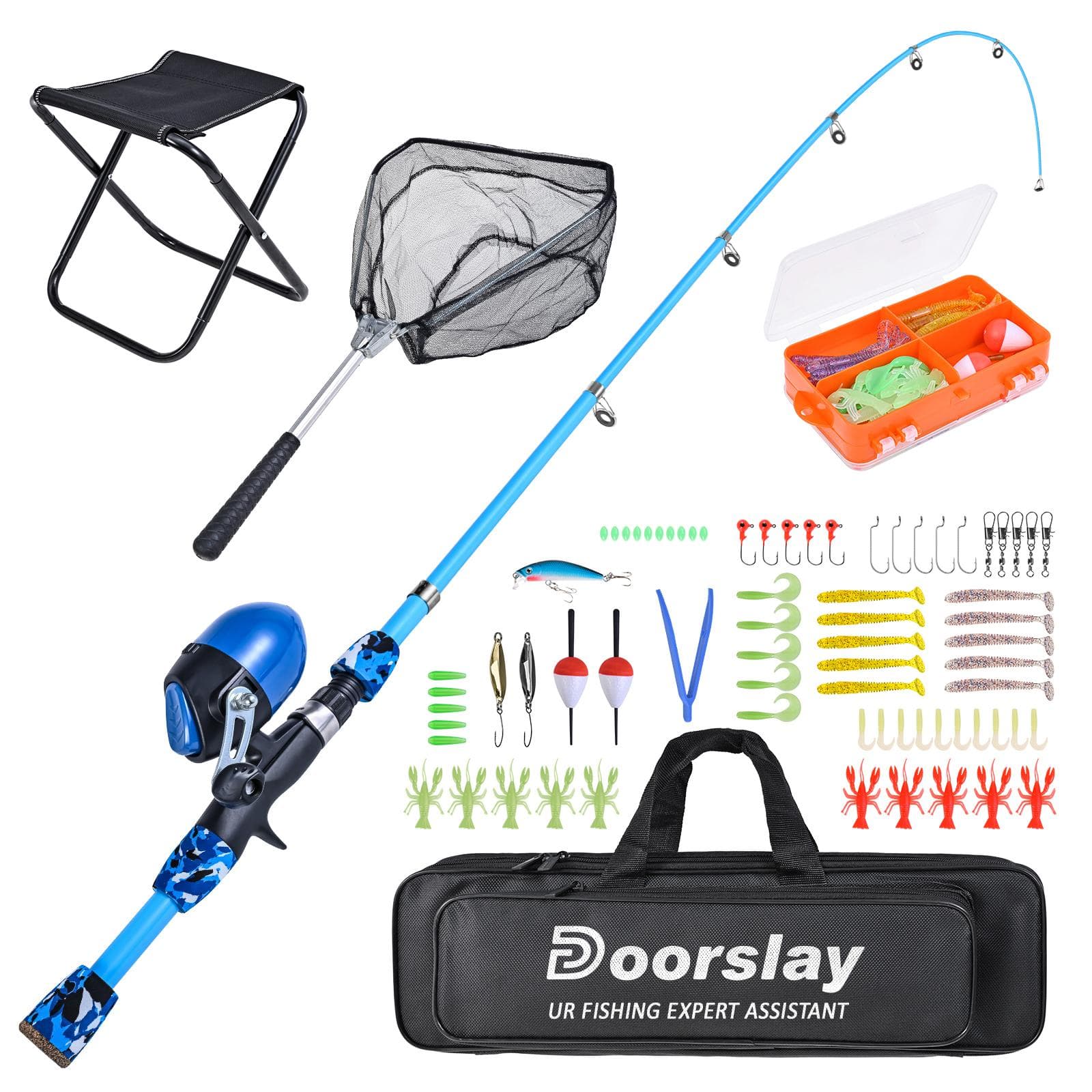 Kids Fishing Rod and Reel Combo with Collapsible Fishing Stool Landing Net Telescopic Fishing Pole blue