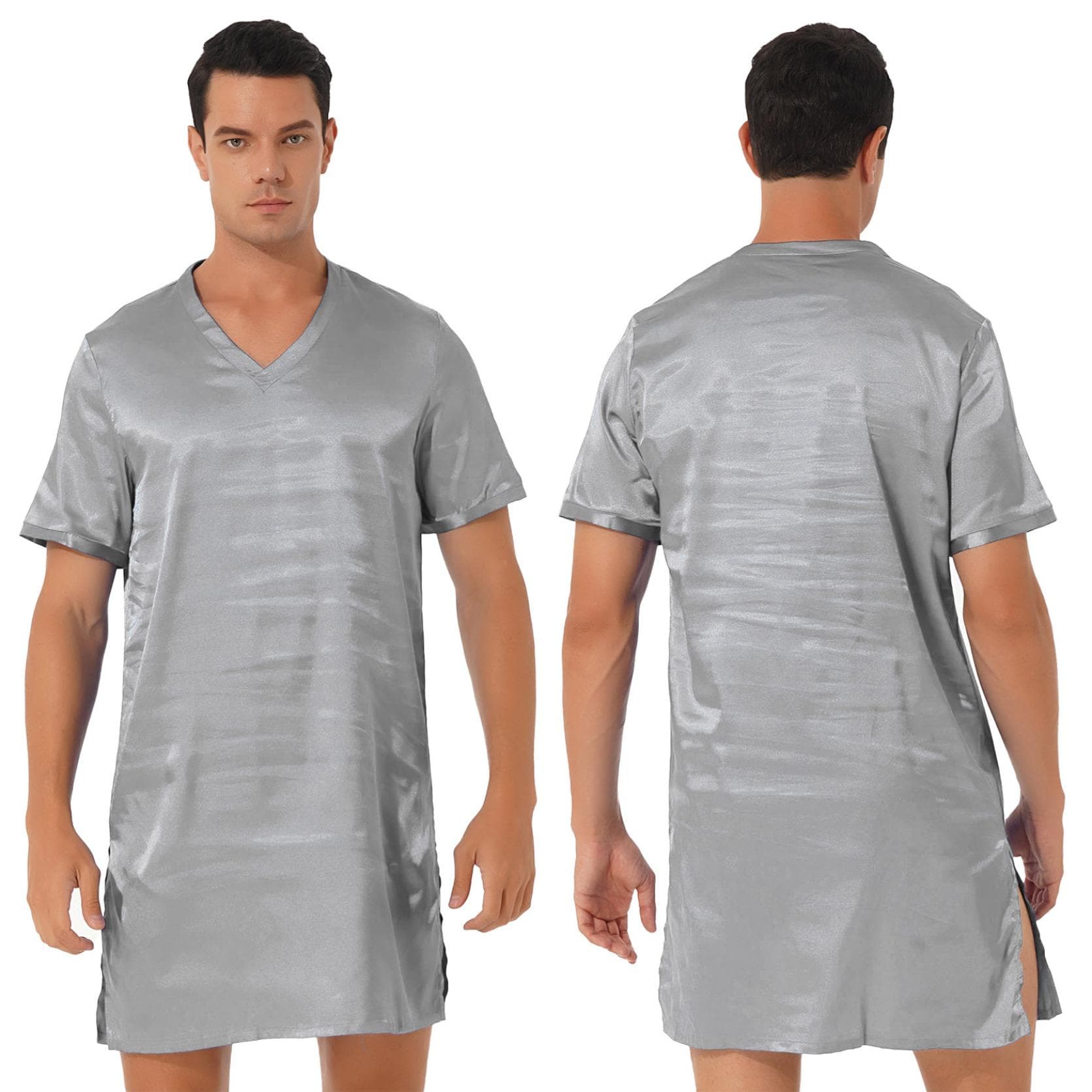 Sleepwear Mens Silk Satin Nightshirt Short Sleeve Pajamas Nightgown Night Shirts for Sleeping XL grey