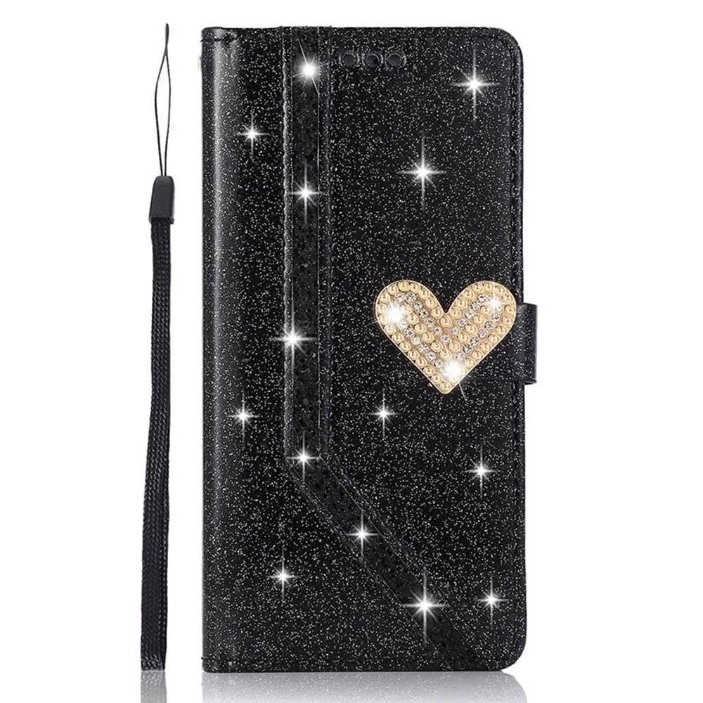 Luxury Bling Diamond PU Leather Flip Case Rhinestone 3D Love Heart Glitter Wallet Cover for iPhone Samsung Huawei Samsung A14 4G/5G black