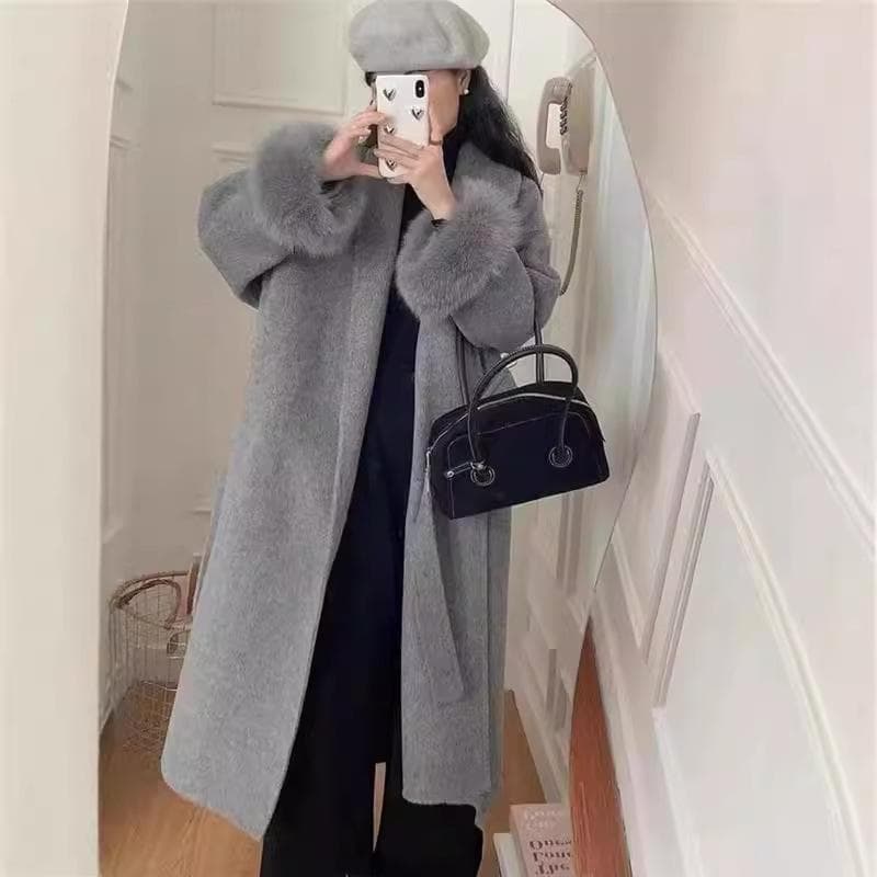Double-sided Cashmere Coat for Women, New Korean Version, Autumn and Winter Fox Fur Long Bathrobe, High-end Woolen Coat M