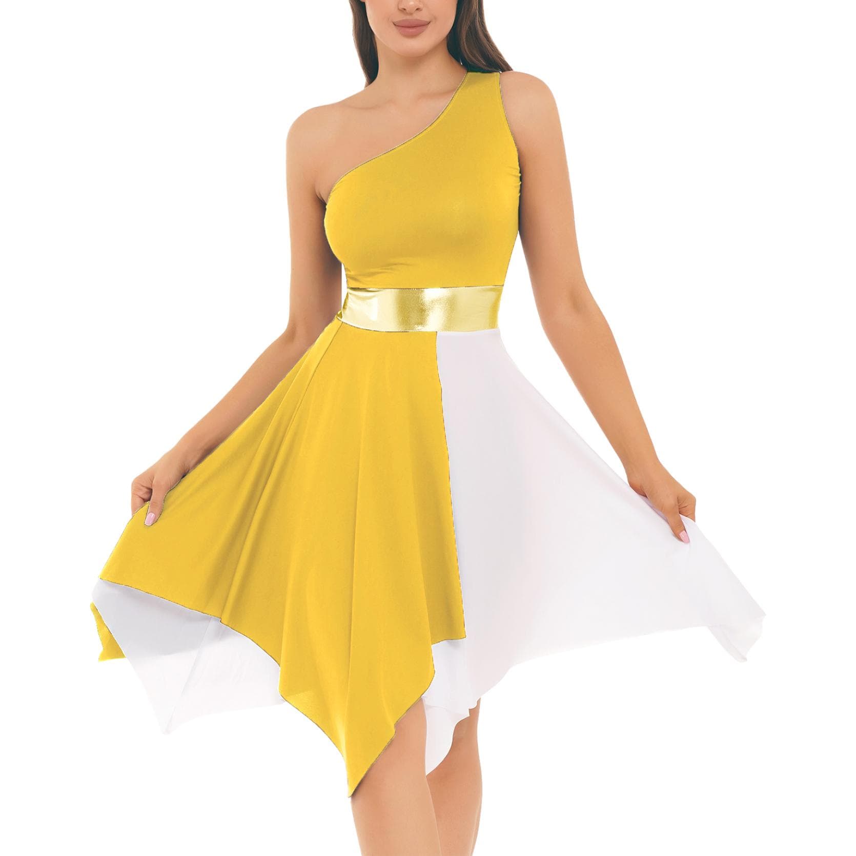 Womens One Shoulder Color Block Dance Dress Patchwork Asymmetrical Hem Sleeveless Dresses Dancewear M yellow