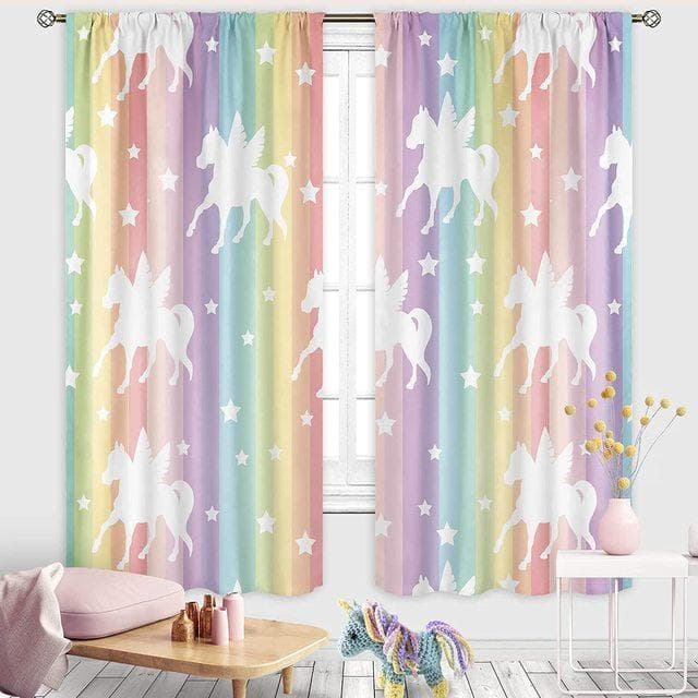 Rainbow Unicorn Curtains Girls Bedroom Decor Boys Dinosaur Curtain Colorful Cartoon Dino For Kids Safari Wildlife Window Drapes W53.5 X H114cm X 2