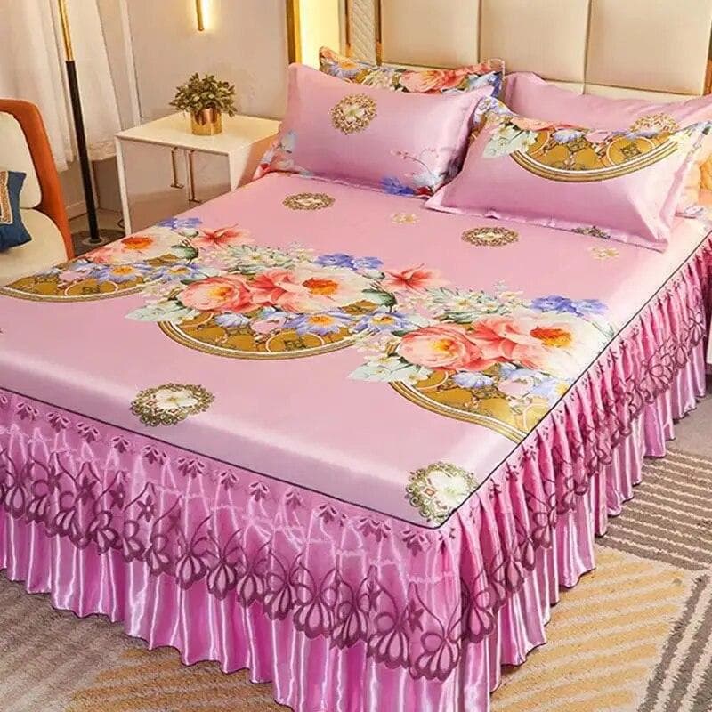 3Pcs/Lot Double Bed Sheet Set Classic Lace Royal Blue Bed Sheet Bed Skirt, Machine Washable Wedding Bedspread Mattress Cover 200X220CM