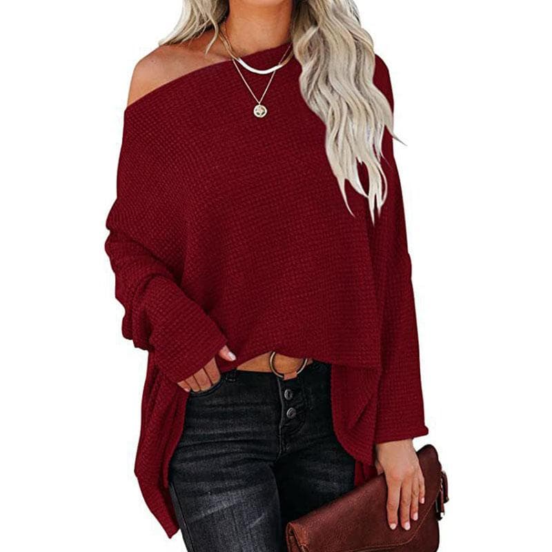 Spring and Autumn Women's T-shirt Casual Off-shoulder Bat Long Sleeve Waffle Knitted Oversized Pullover Sweater Pullover Tops XXL wine red